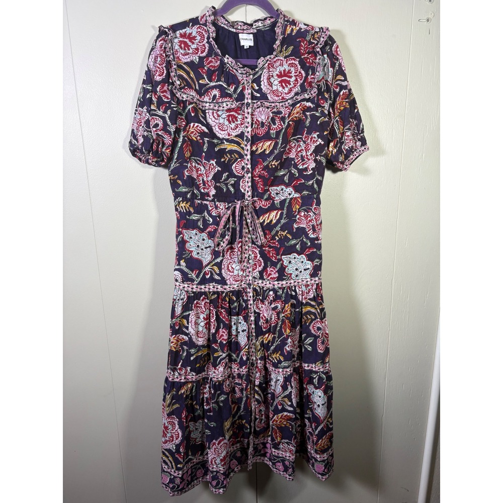 Charlee Floral Boho Tiered Taylor Dress Tie Waist Cottagecore M Prairie Resort